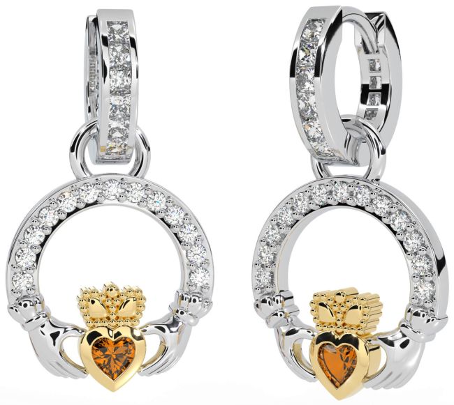 Diamond Citrine White Yellow Gold Claddagh Dangle Earrings