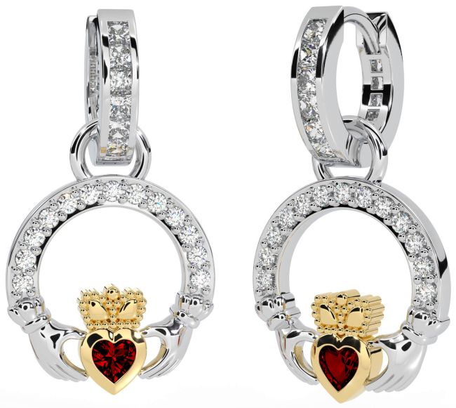 Diamond Garnet White Yellow Gold Claddagh Dangle Earrings