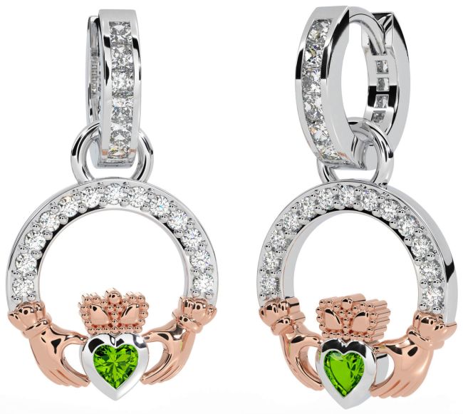 Diamond Peridot Rose Gold Silver Claddagh Dangle Earrings