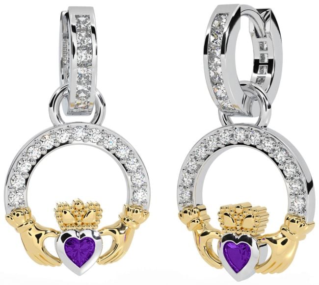Diamond Amethyst Gold Silver Claddagh Dangle Earrings