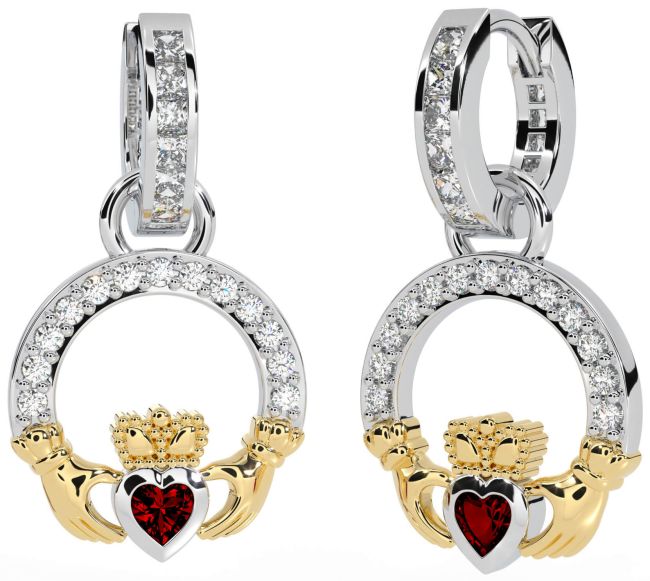 Diamond Garnet Gold Silver Claddagh Dangle Earrings