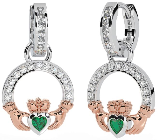 Diamond Emerald White Rose Gold Claddagh Dangle Earrings