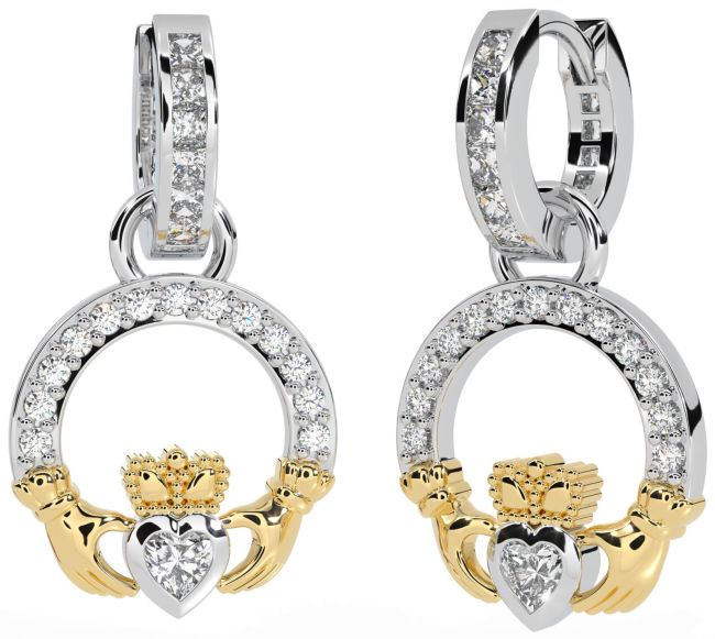 Diamond White Yellow Gold Claddagh Dangle Earrings