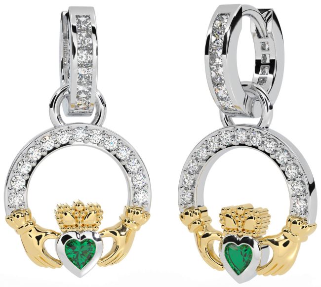 Diamond Emerald White Yellow Gold Claddagh Dangle Earrings