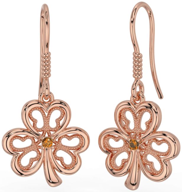 Citrine Rose Gold Silver Shamrock Dangle Earrings