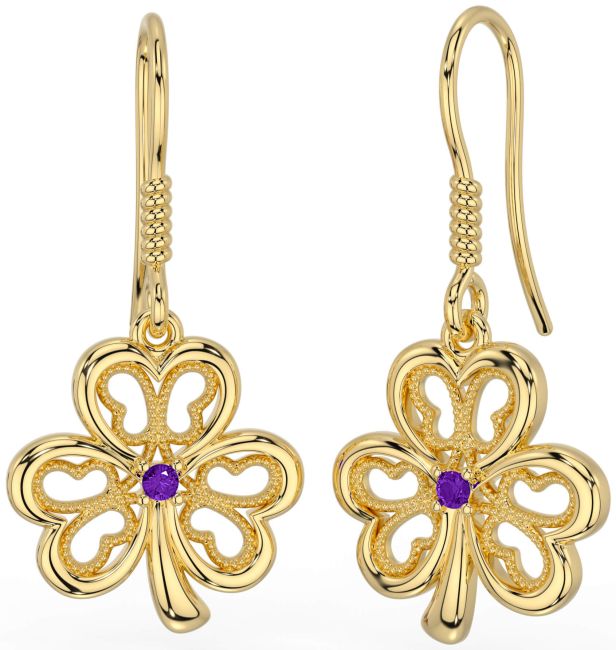 Amethyst Gold Silver Shamrock Dangle Earrings