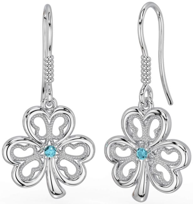 Aquamarine Silver Shamrock Dangle Earrings