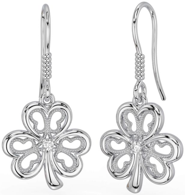 Diamond Silver Shamrock Dangle Earrings