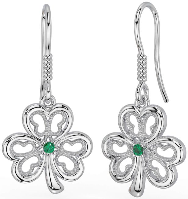 Emerald Silver Shamrock Dangle Earrings