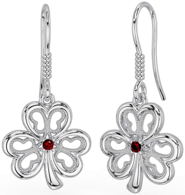 Garnet Silver Shamrock Dangle Earrings