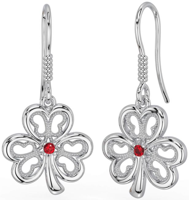 Ruby Silver Shamrock Dangle Earrings