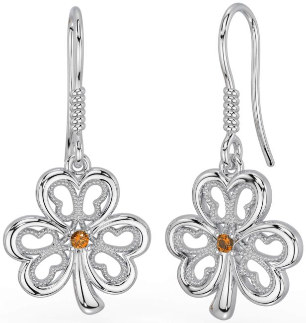 Citrine White Gold Shamrock Dangle Earrings