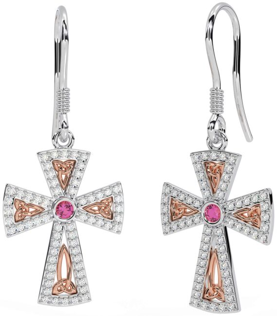 Diamond Pink Tourmaline Rose Gold Silver Celtic Cross Trinity Knot Dangle Earrings