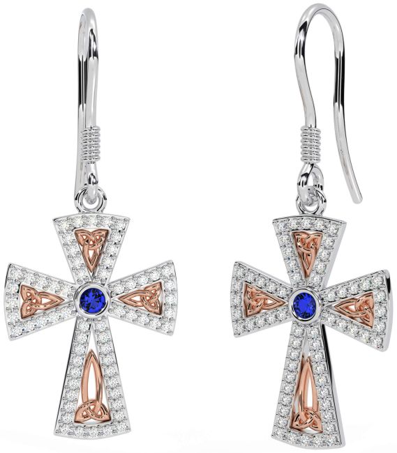 Diamond Sapphire Rose Gold Silver Celtic Cross Trinity Knot Dangle Earrings