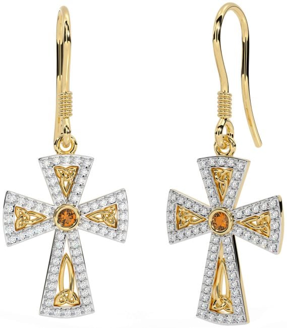 Diamond Citrine Gold Silver Celtic Cross Trinity Knot Dangle Earrings