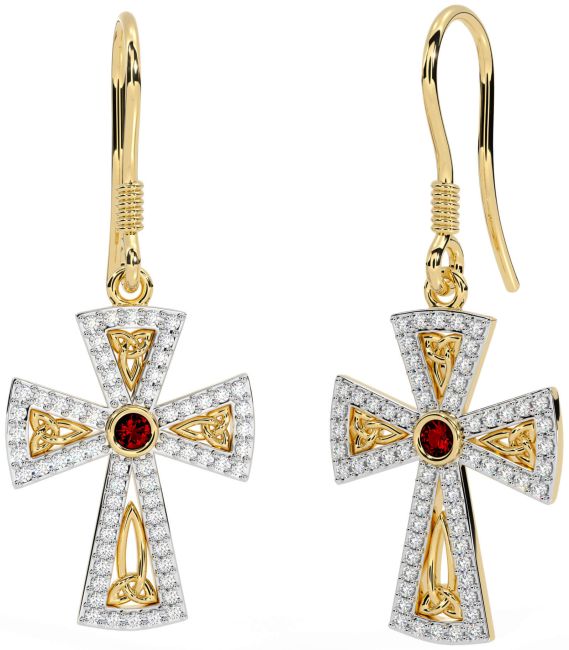 Diamond Garnet Gold Silver Celtic Cross Trinity Knot Dangle Earrings