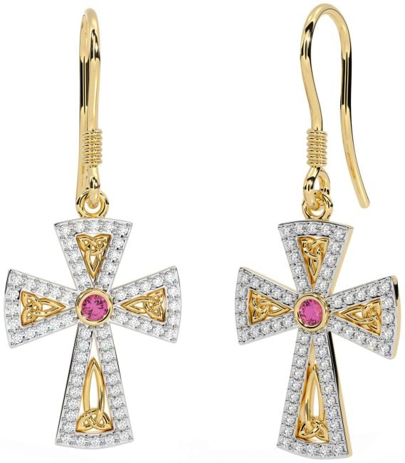 Diamond Pink Tourmaline Gold Silver Celtic Cross Trinity Knot Dangle Earrings