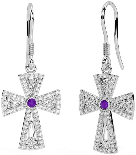 Diamond Amethyst Silver Celtic Cross Trinity Knot Dangle Earrings