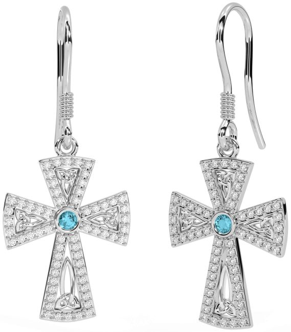 Diamond Aquamarine Silver Celtic Cross Trinity Knot Dangle Earrings