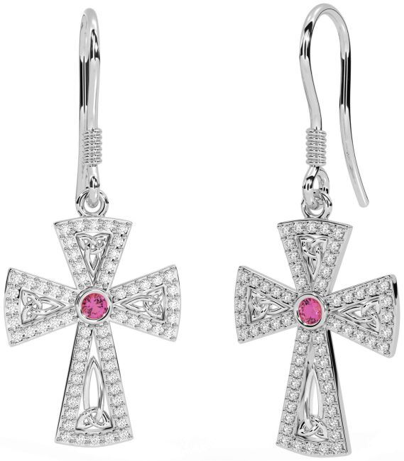 Diamond Pink Tourmaline Silver Celtic Cross Trinity Knot Dangle Earrings