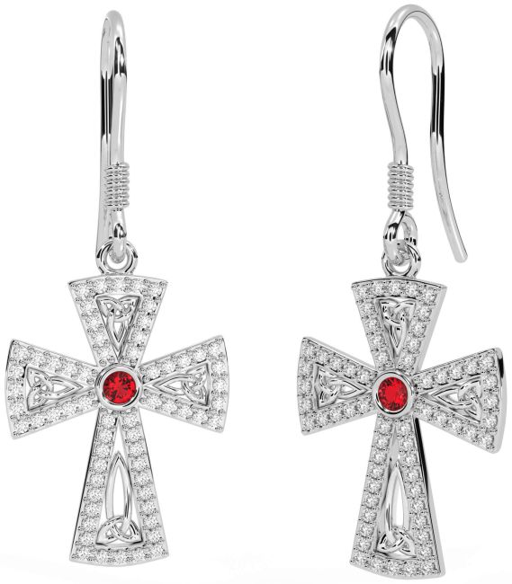 Diamond Ruby Silver Celtic Cross Trinity Knot Dangle Earrings