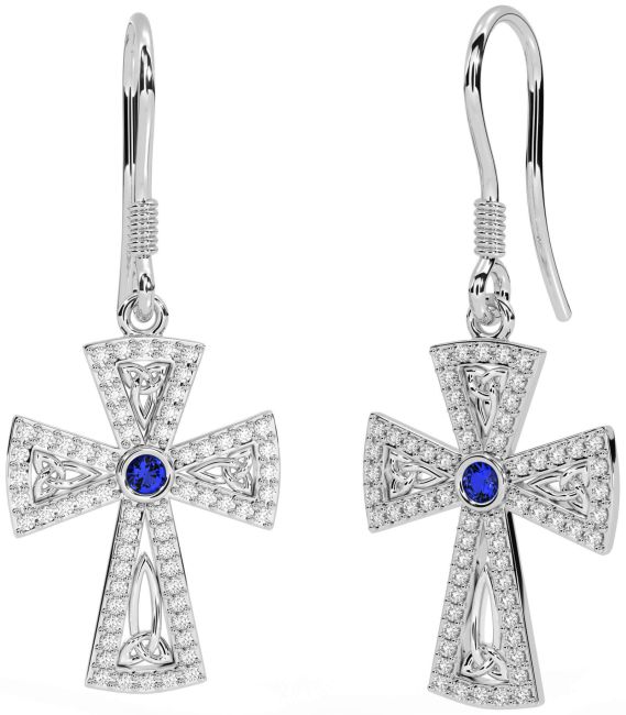 Diamond Sapphire Silver Celtic Cross Trinity Knot Dangle Earrings