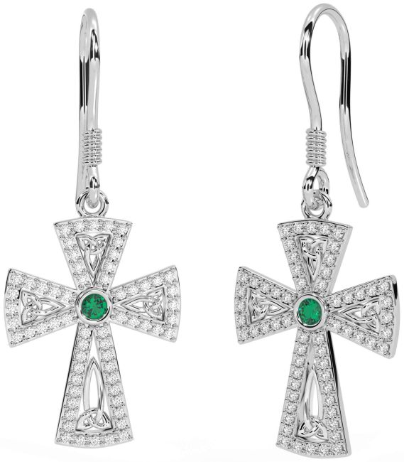 Diamond Emerald White Gold Celtic Cross Trinity Knot Dangle Earrings