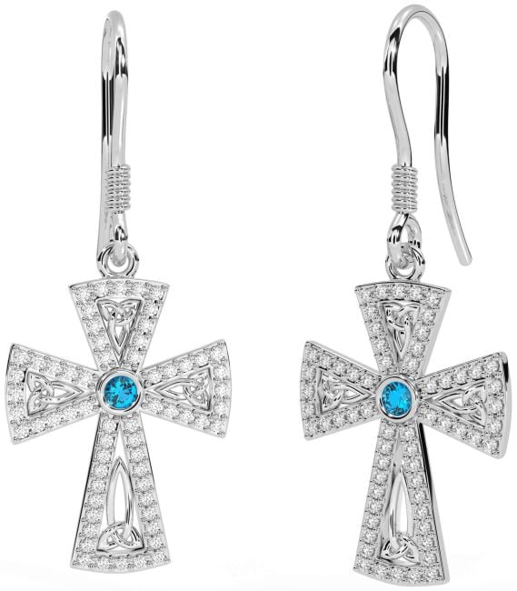 Diamond Topaz White Gold Celtic Cross Trinity Knot Dangle Earrings