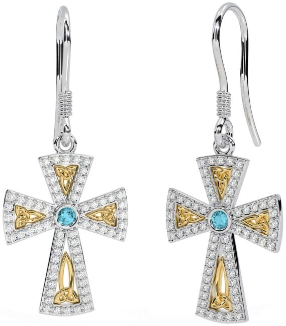 Diamond Aquamarine White Yellow Gold Celtic Cross Trinity Knot Dangle Earrings