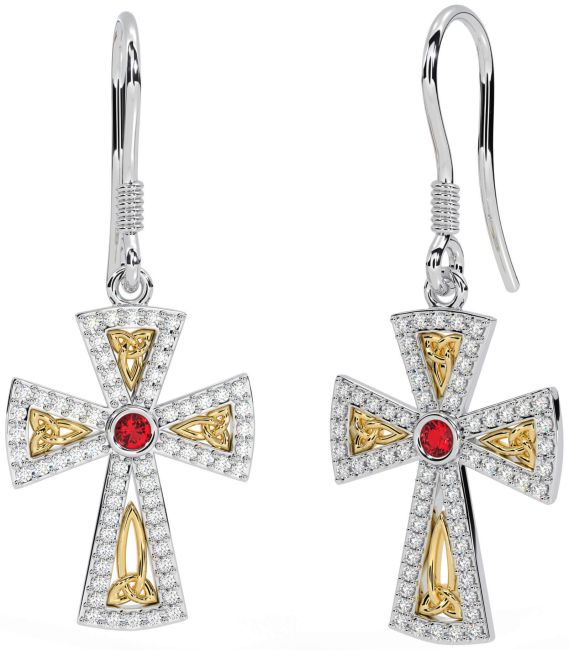 Diamond Ruby White Yellow Gold Celtic Cross Trinity Knot Dangle Earrings