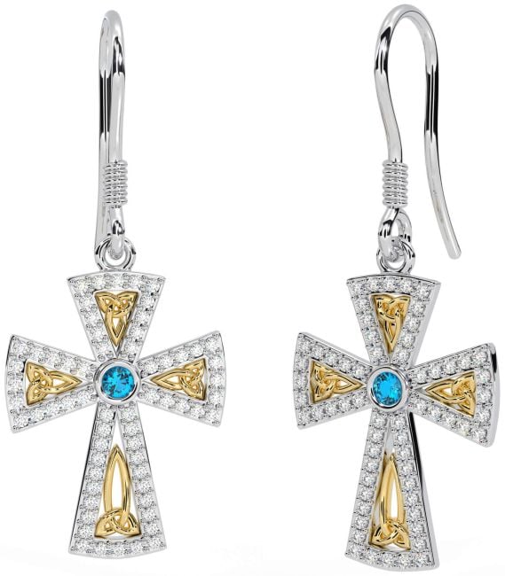 Diamond Topaz White Yellow Gold Celtic Cross Trinity Knot Dangle Earrings