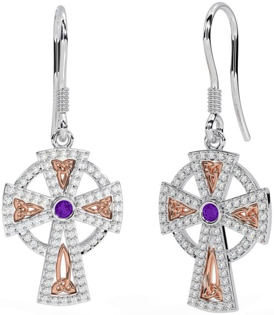 Diamond Amethyst Rose Gold Silver Celtic Cross Dangle Earrings