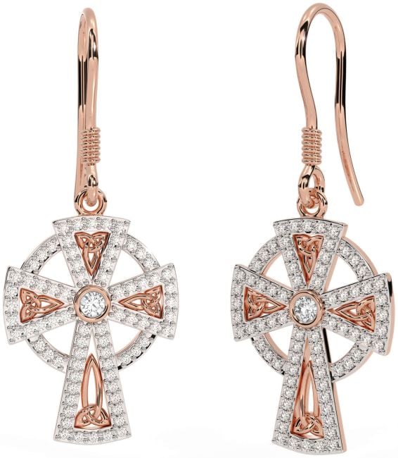 Diamond Rose Gold Silver Celtic Cross Dangle Earrings