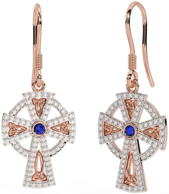 Diamond Sapphire Rose Gold Silver Celtic Cross Dangle Earrings
