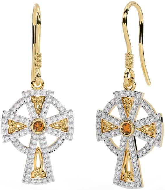 Diamond Citrine Gold Silver Celtic Cross Dangle Earrings