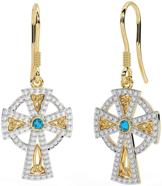 Diamond Topaz Gold Silver Celtic Cross Dangle Earrings