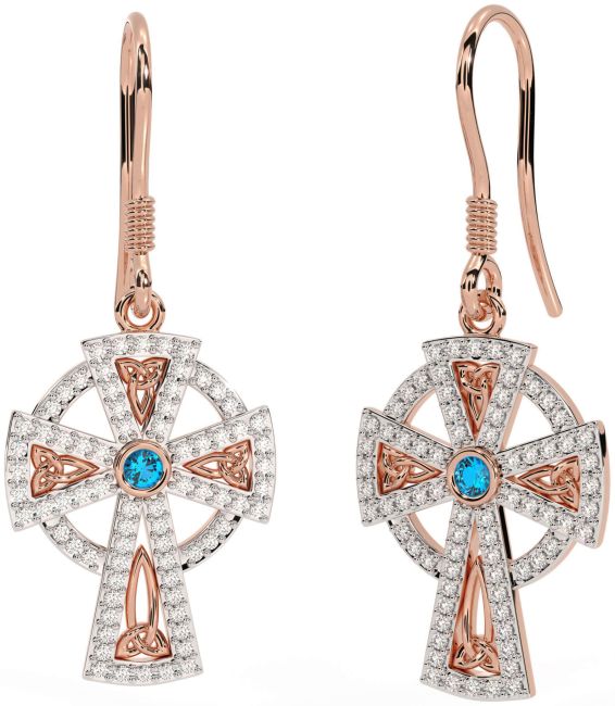 Diamond Topaz Rose Gold Celtic Cross Dangle Earrings