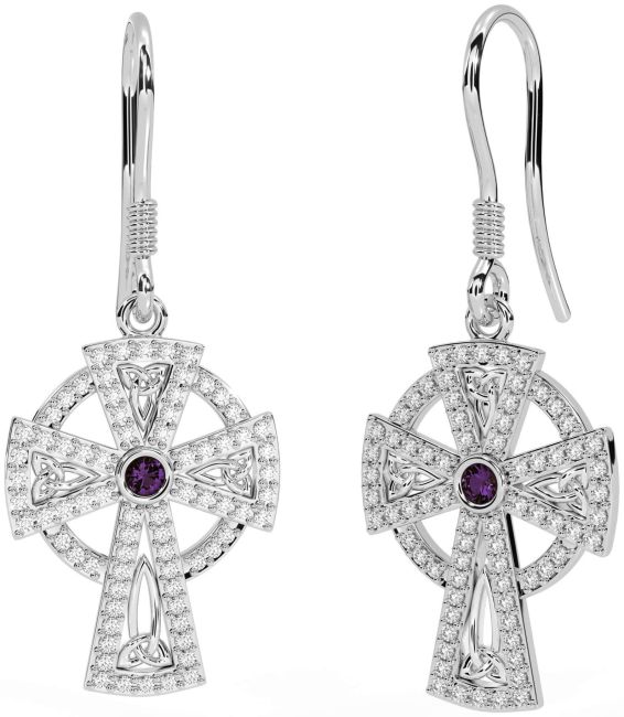 Diamond Alexandrite Silver Celtic Cross Dangle Earrings