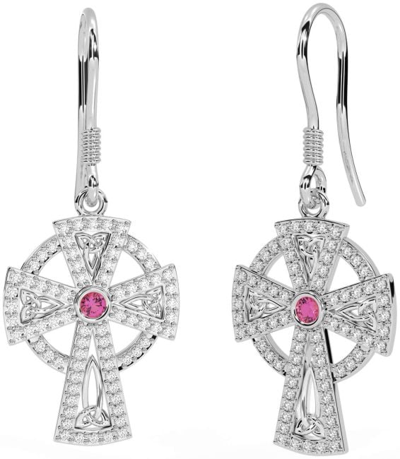 Diamond Pink Tourmaline Silver Celtic Cross Dangle Earrings