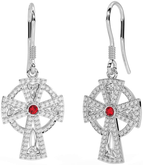 Diamond Ruby Silver Celtic Cross Dangle Earrings