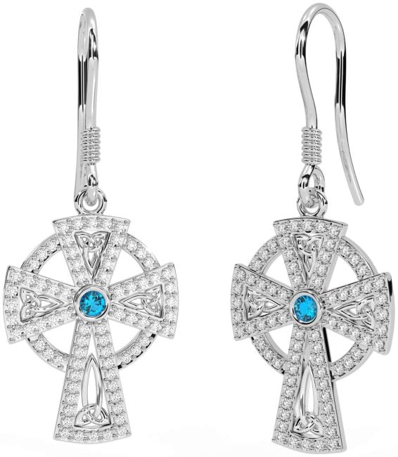 Diamond Topaz Silver Celtic Cross Dangle Earrings