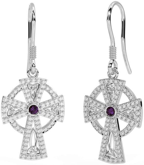 Diamond Alexandrite White Gold Celtic Cross Dangle Earrings