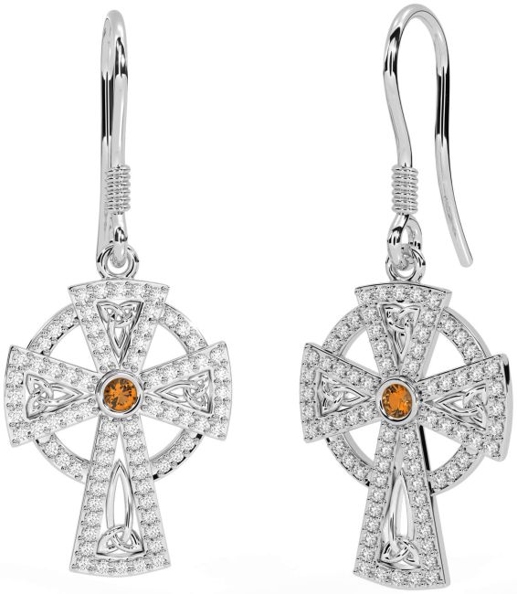 Diamond Citrine White Gold Celtic Cross Dangle Earrings