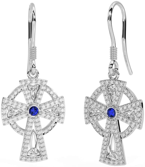 Diamond Sapphire White Gold Celtic Cross Dangle Earrings