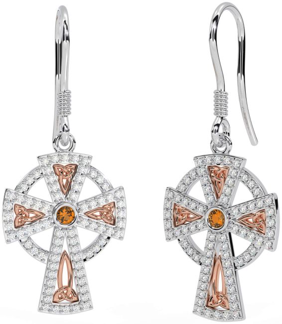 Diamond Citrine White Rose Gold Celtic Cross Dangle Earrings