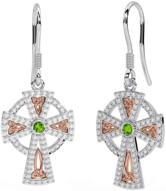 Diamond Peridot White Rose Gold Celtic Cross Dangle Earrings