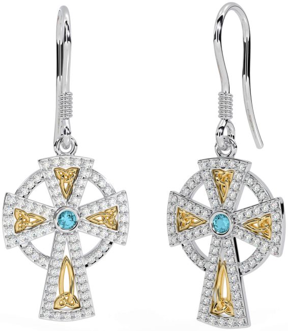 Diamond Aquamarine White Yellow Gold Celtic Cross Dangle Earrings