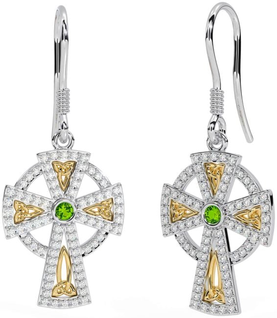 Diamond Peridot White Yellow Gold Celtic Cross Dangle Earrings