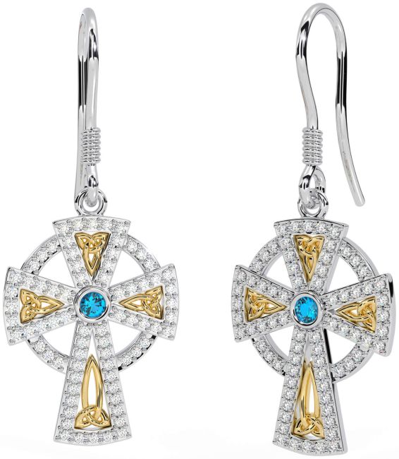 Diamond Topaz White Yellow Gold Celtic Cross Dangle Earrings