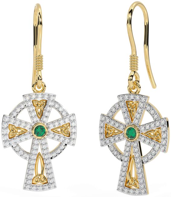 Diamond Emerald Gold Celtic Cross Dangle Earrings